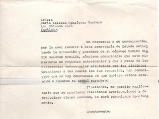 Carta de respuesta ante solicitud de información sobre el paradero de Carlos Salcedo