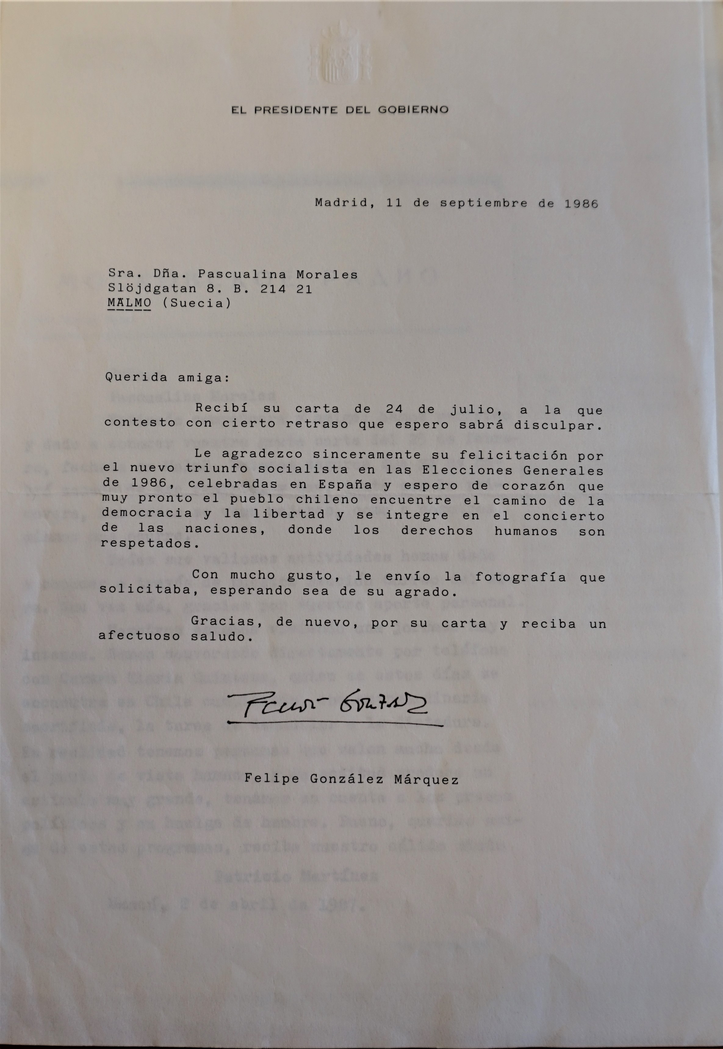 Carta de Felipe González a Pascualina Morales Carta de Felipe González a Pascualina Morales