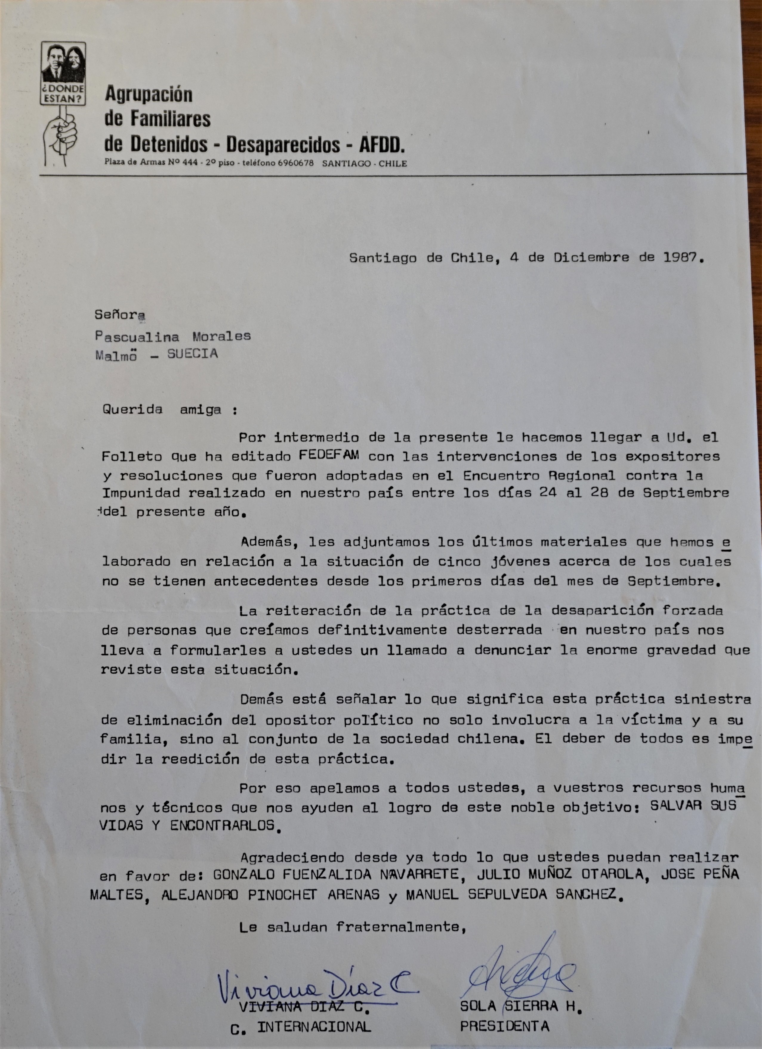 Carta de la Agrupación de Familiares de Detenidos Desaparecidos a Pascualina Morales Carta de la Agrupación de Familiares de Detenidos Desaparecidos a Pascualina Morales