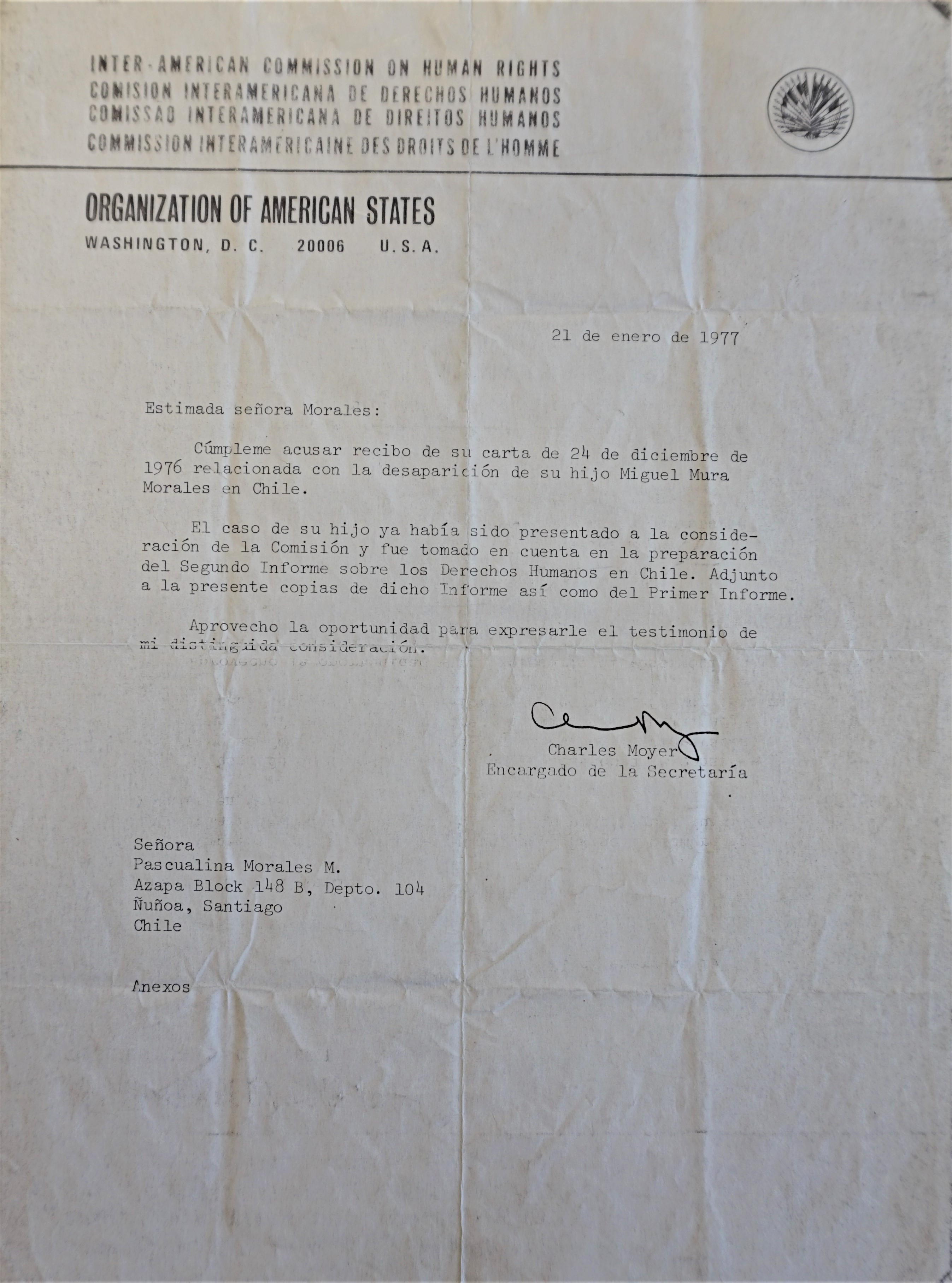Carta de la Comisión Interamericana de Derechos Humanos a Pascualina Morales Carta de la Comisión Interamericana de Derechos Humanos a Pascualina Morales