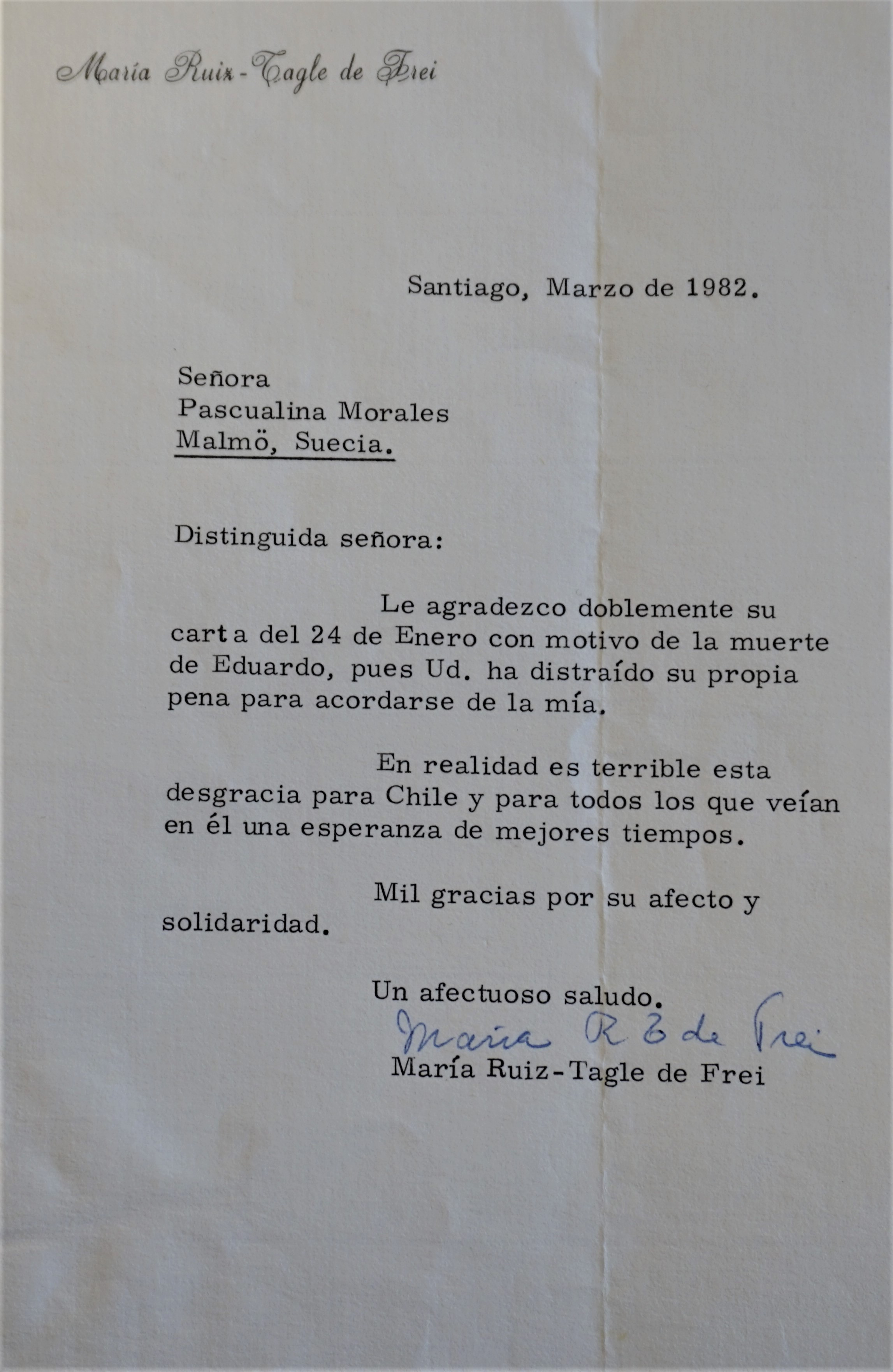 Carta de María Ruiz Tagle a Pascualina Morales por la muerte de Eduardo Frei Montalva Carta de María Ruiz Tagle a Pascualina Morales por la muerte de Eduardo Frei Montalva