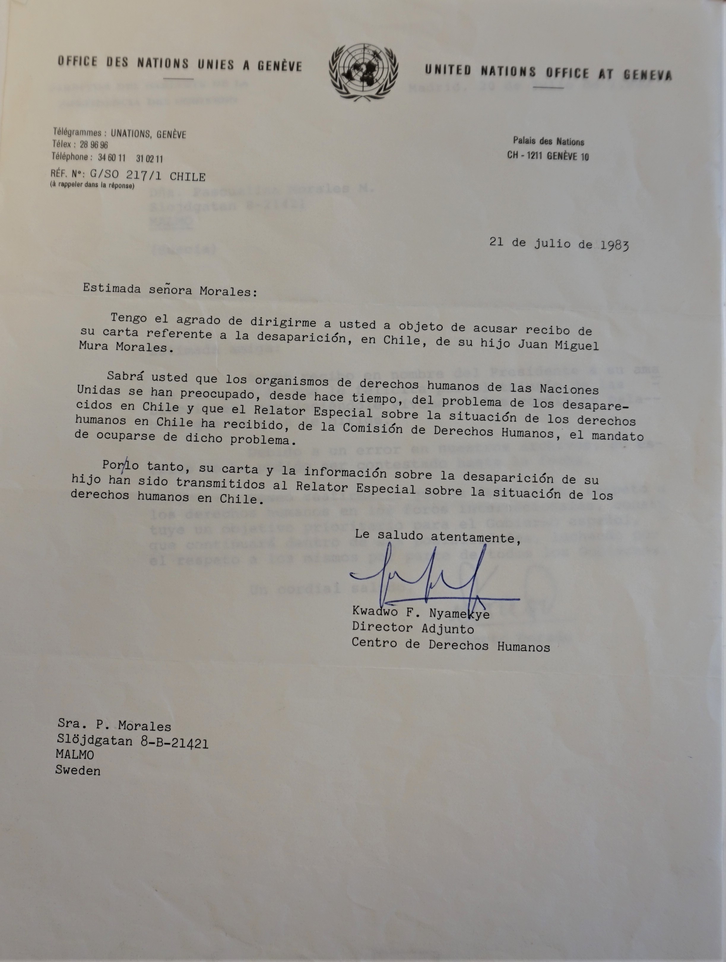 Carta de Naciones Unidas a Pascualina Morales por el caso de desaparición de su hijo Juan Miguel Carta de Naciones Unidas a Pascualina Morales por el caso de desaparición de su hijo Juan Miguel