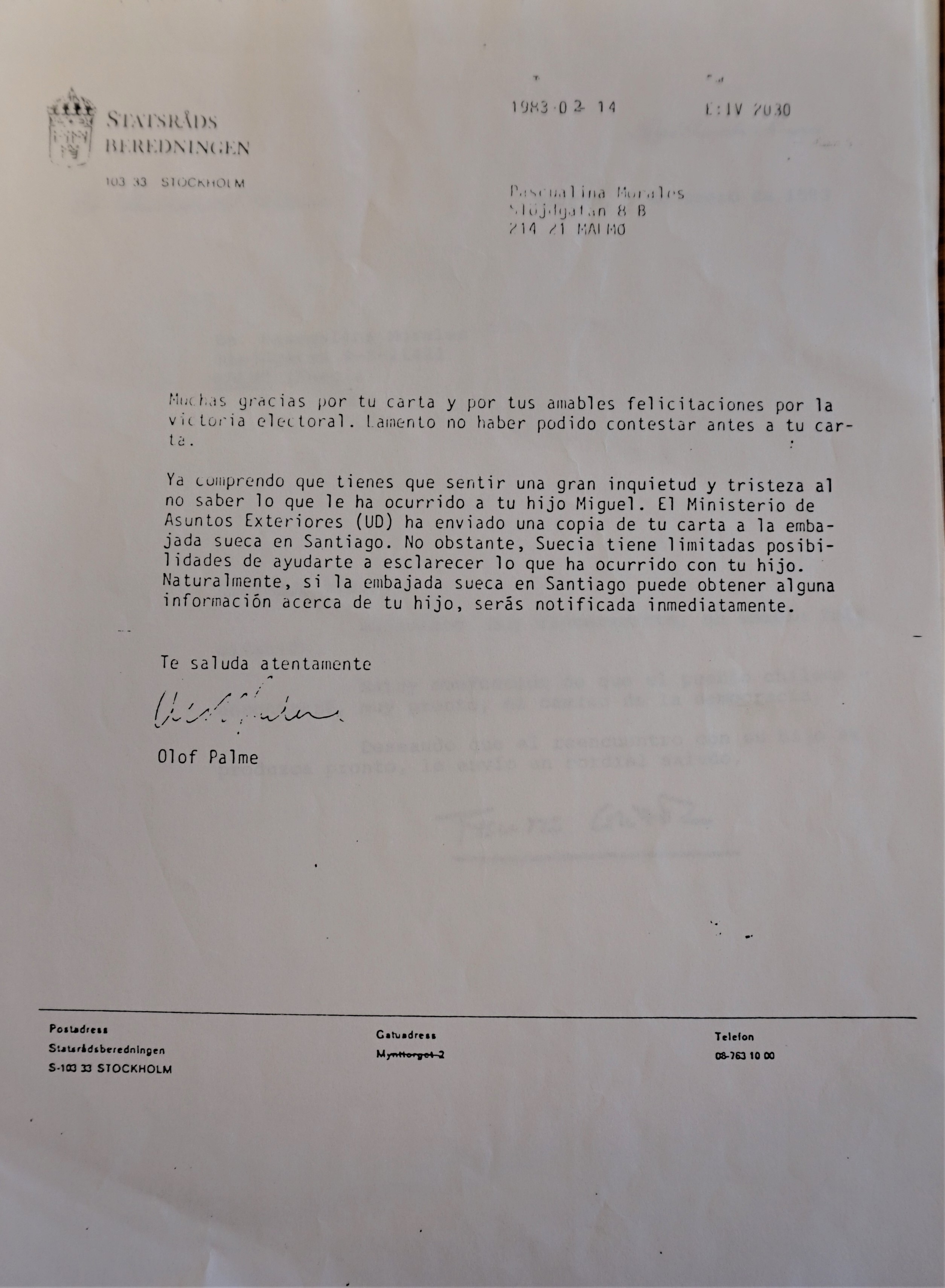 Carta de Olof Palme a Pascualina Morales Carta de Olof Palme a Pascualina Morales