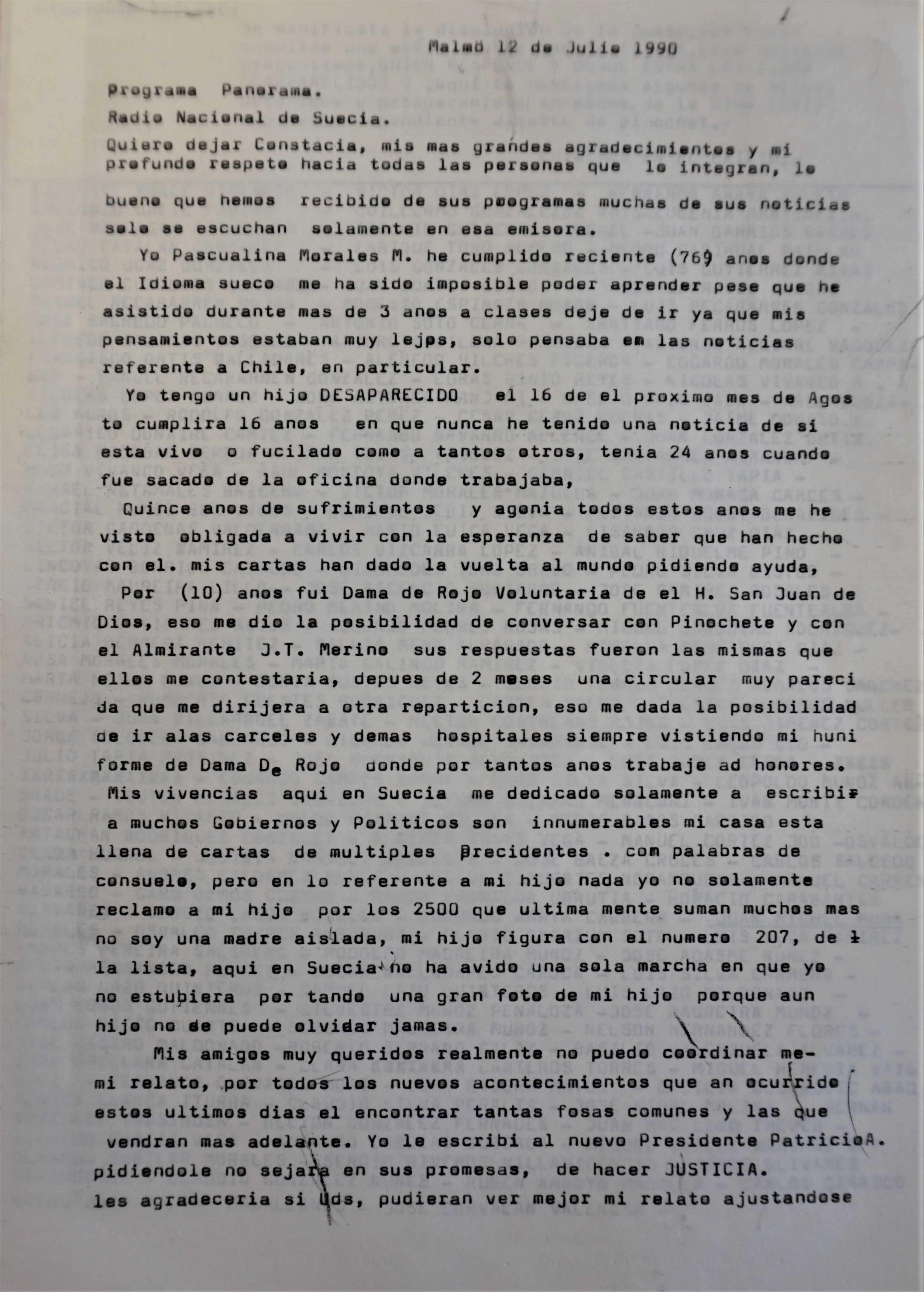 Carta de Pascualina Morales Radio Nacional de Suecia Carta de Pascualina Morales Radio Nacional de Suecia