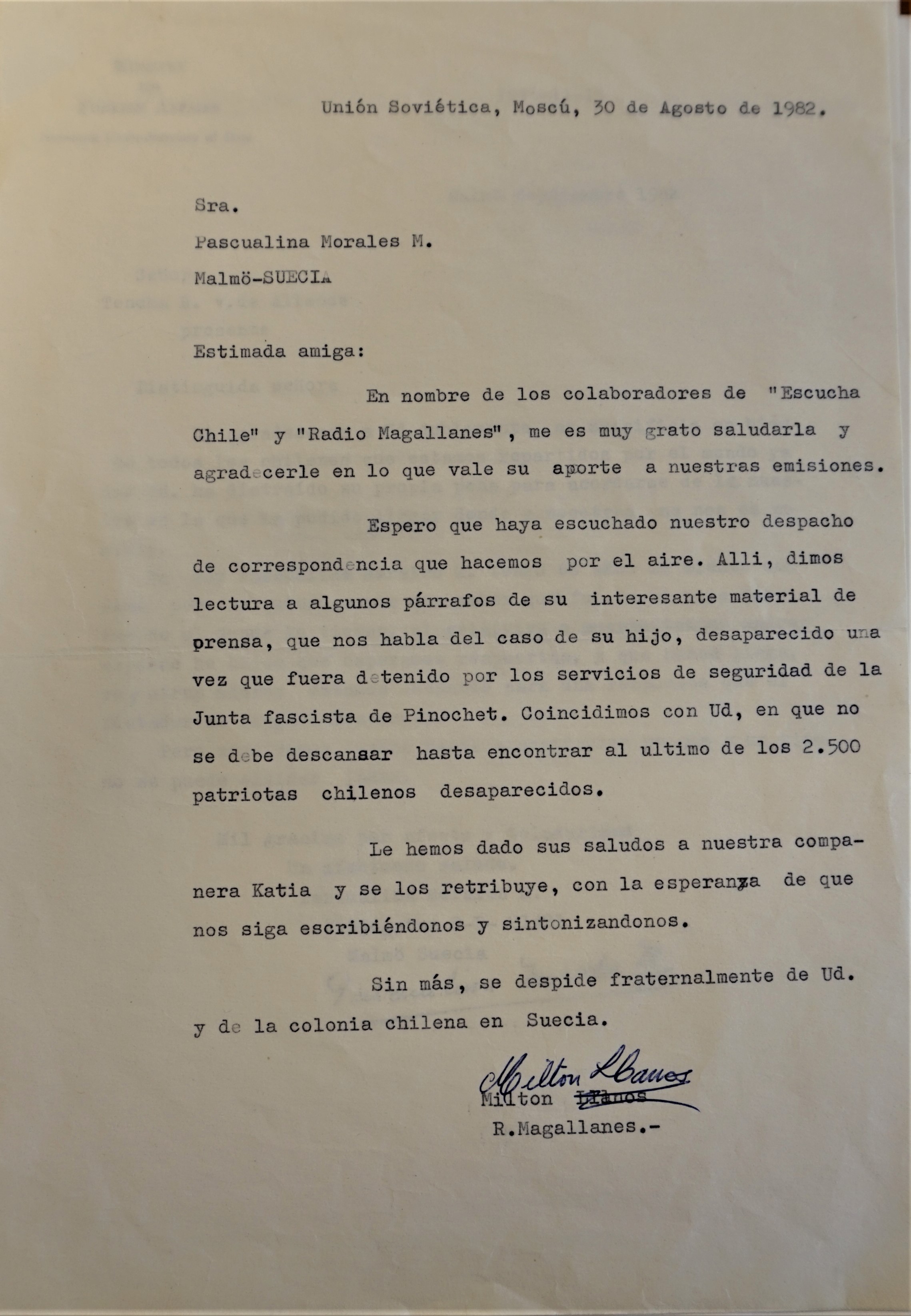 Carta de Radio Magallanes a Pascualina Morales sobre la desaparición de su hijo Juan Miguel Carta de Radio Magallanes a Pascualina Morales sobre la desaparición de su hijo Juan Miguel