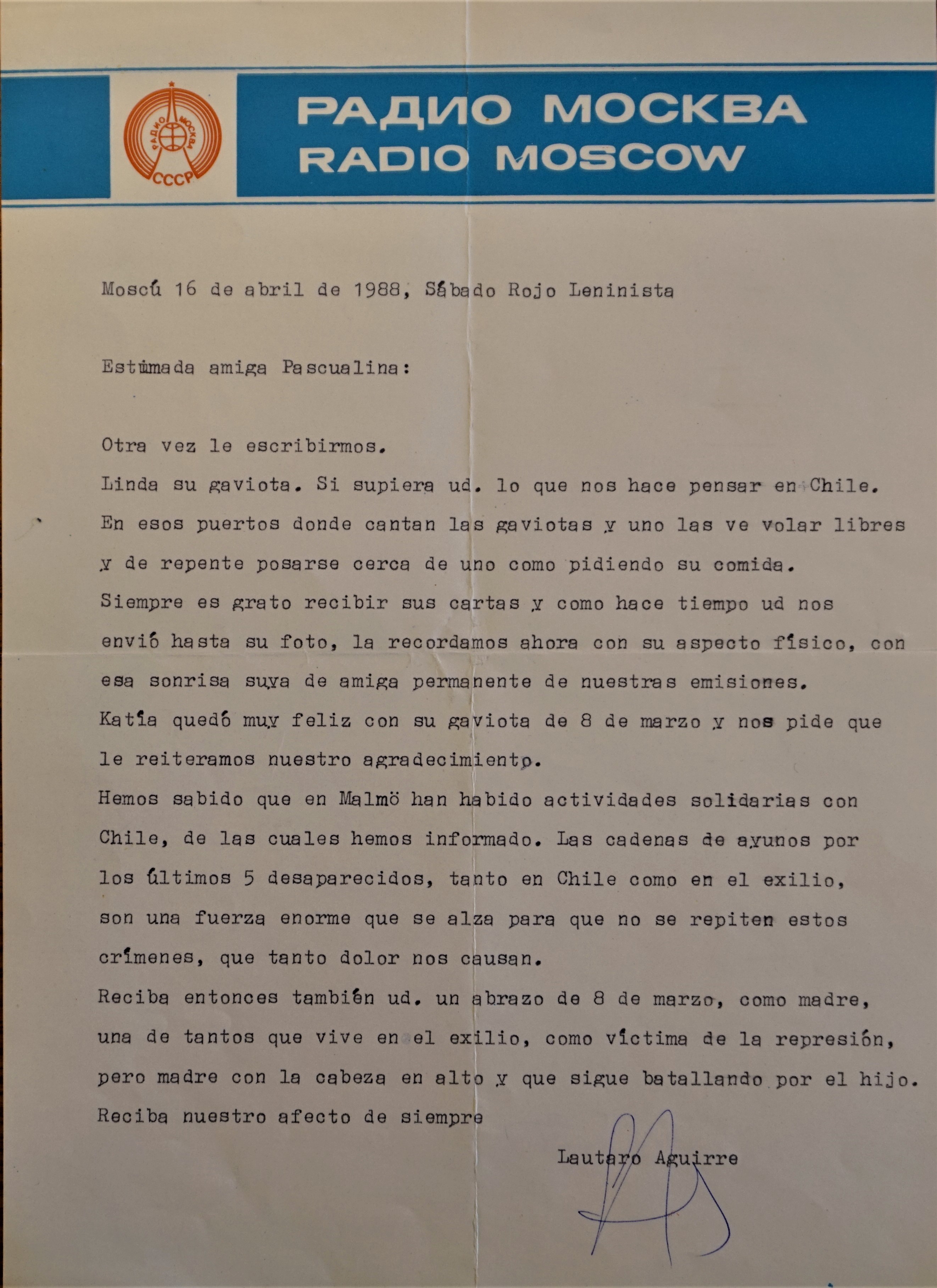Carta de Radio Moscú por los detenidos desaparecidos de 1987 Carta de Radio Moscú por los detenidos desaparecidos de 1987