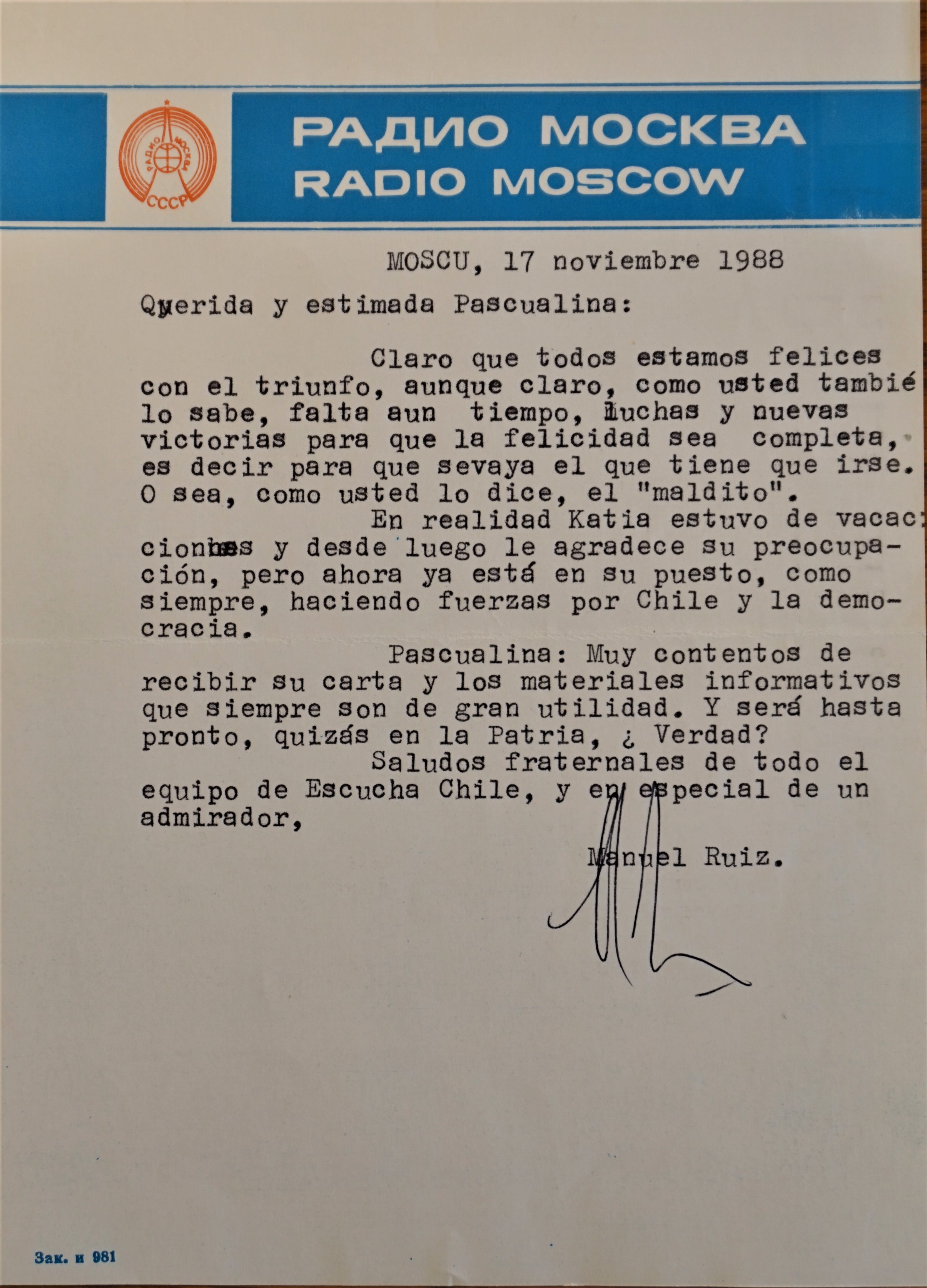 Carta de Radio Moscú a Pascualina Morales tras el plebiscito de 1988 Carta de Radio Moscú a Pascualina Morales tras el plebiscito de 1988