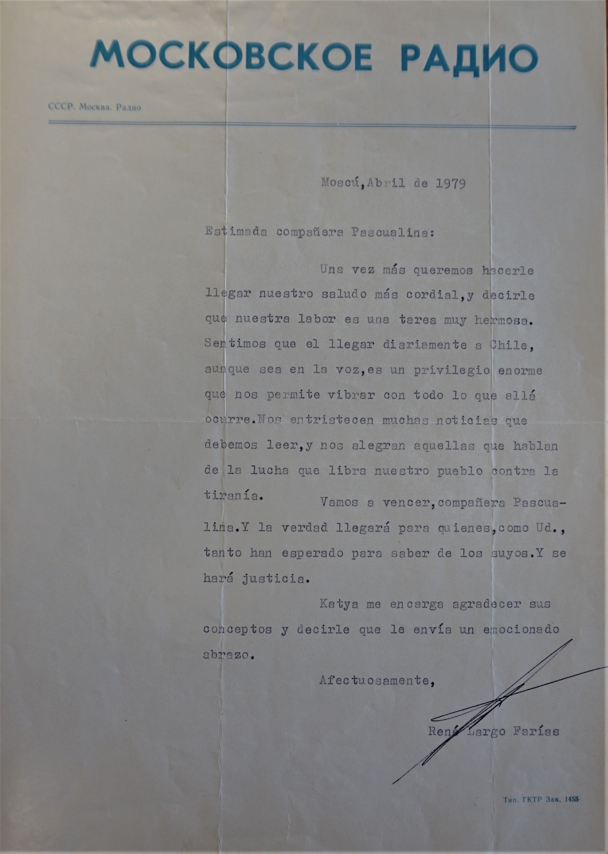 Carta de René Largo Farías a Pascualina Morales Carta de René Largo Farías a Pascualina Morales