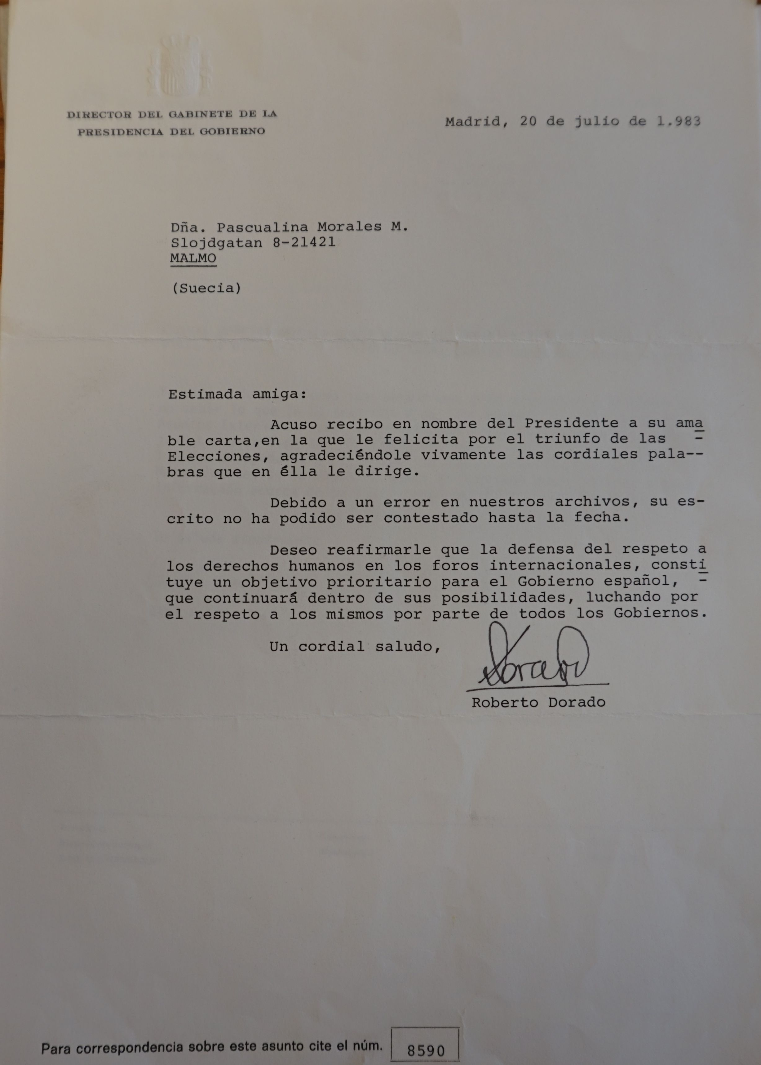 Carta de Roberto Dorado a Pascualina Morales Carta de Roberto Dorado a Pascualina Morales