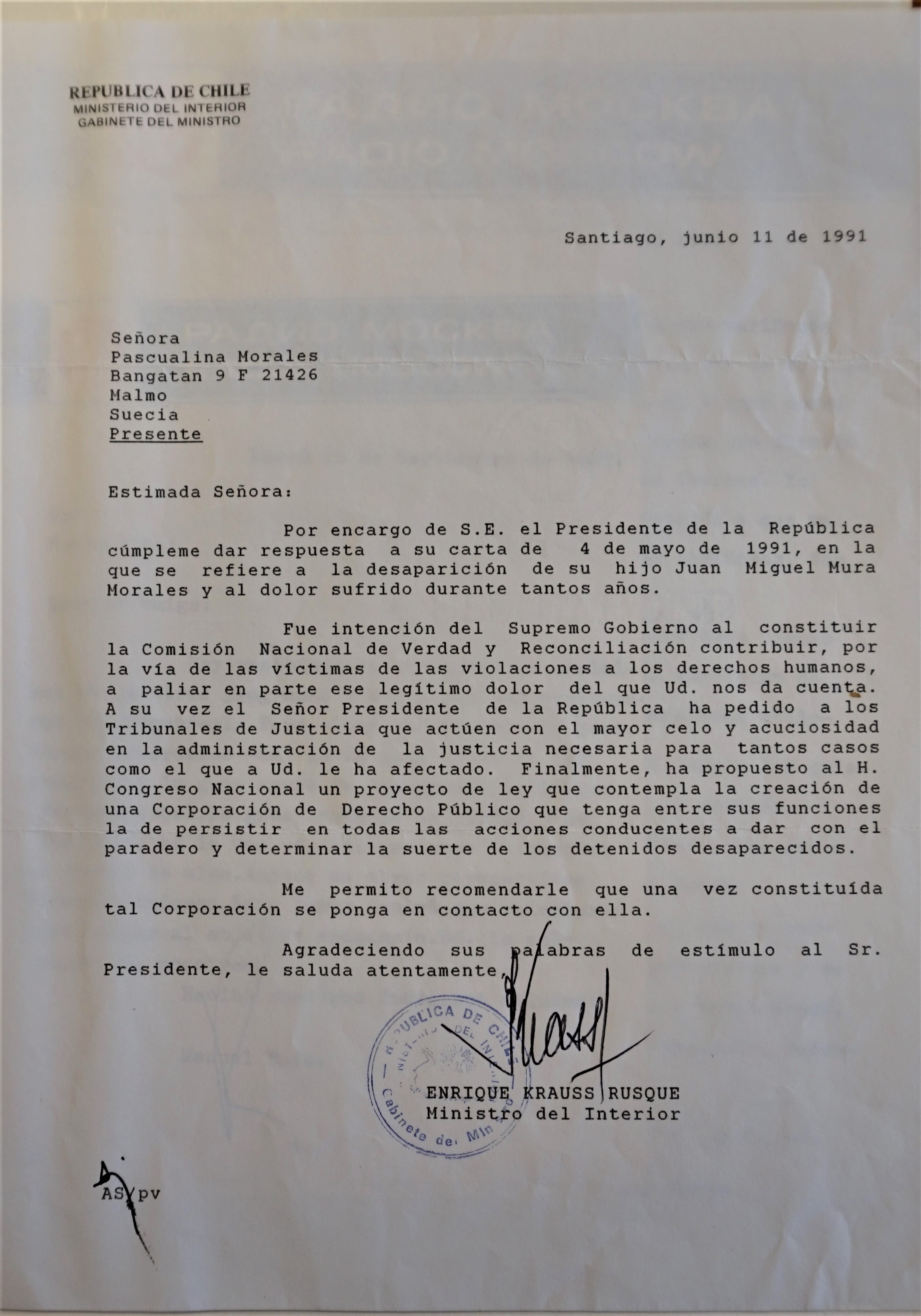 Carta del Ministerio del Interior a Pascualina Morales Carta del Ministerio del Interior a Pascualina Morales
