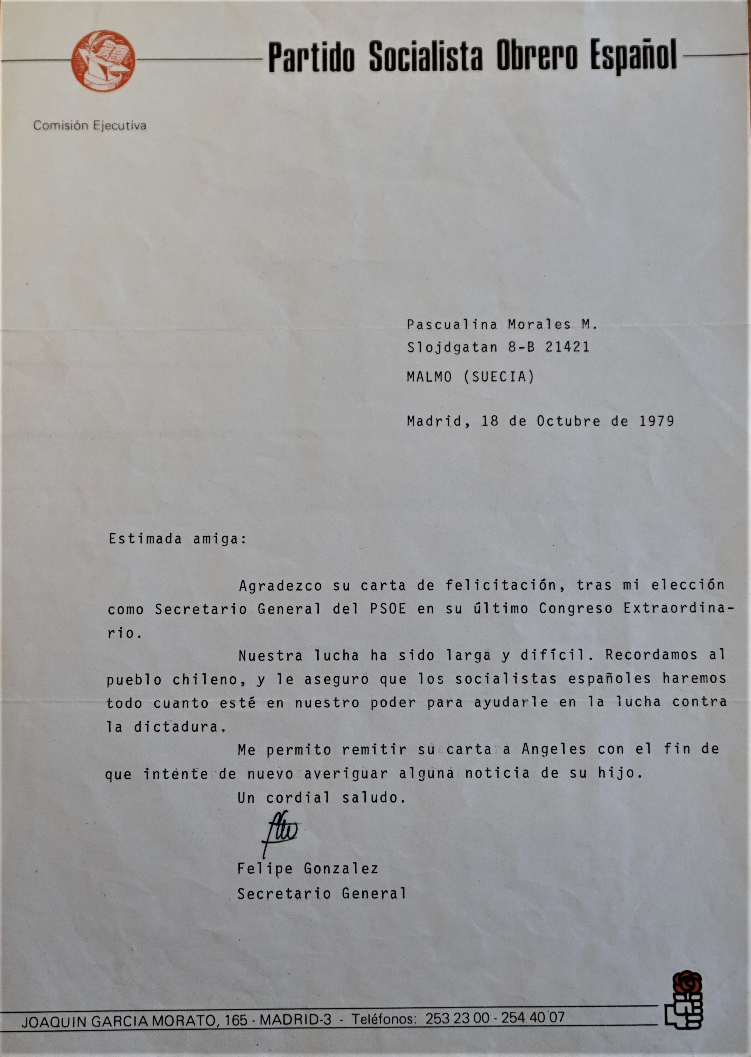 Carta del Partido Obrero Socialista Español a Pascualina Morales Carta del Partido Obrero Socialista Español a Pascualina Morales