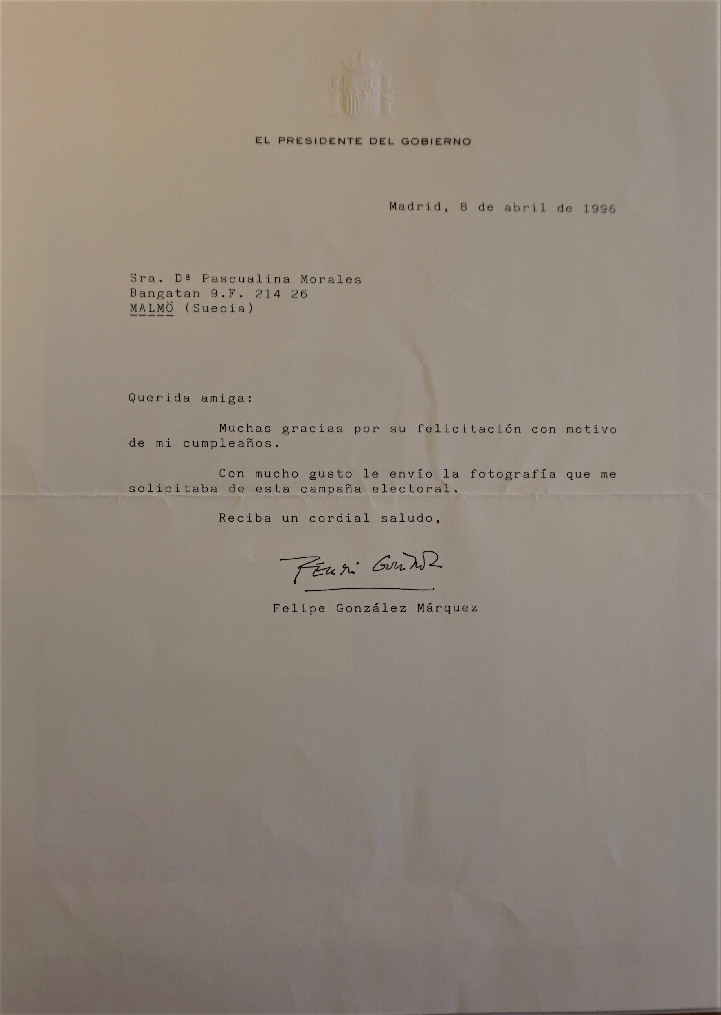 Carta del presidente de España a Pascualina Morales Carta del presidente de España a Pascualina Morales