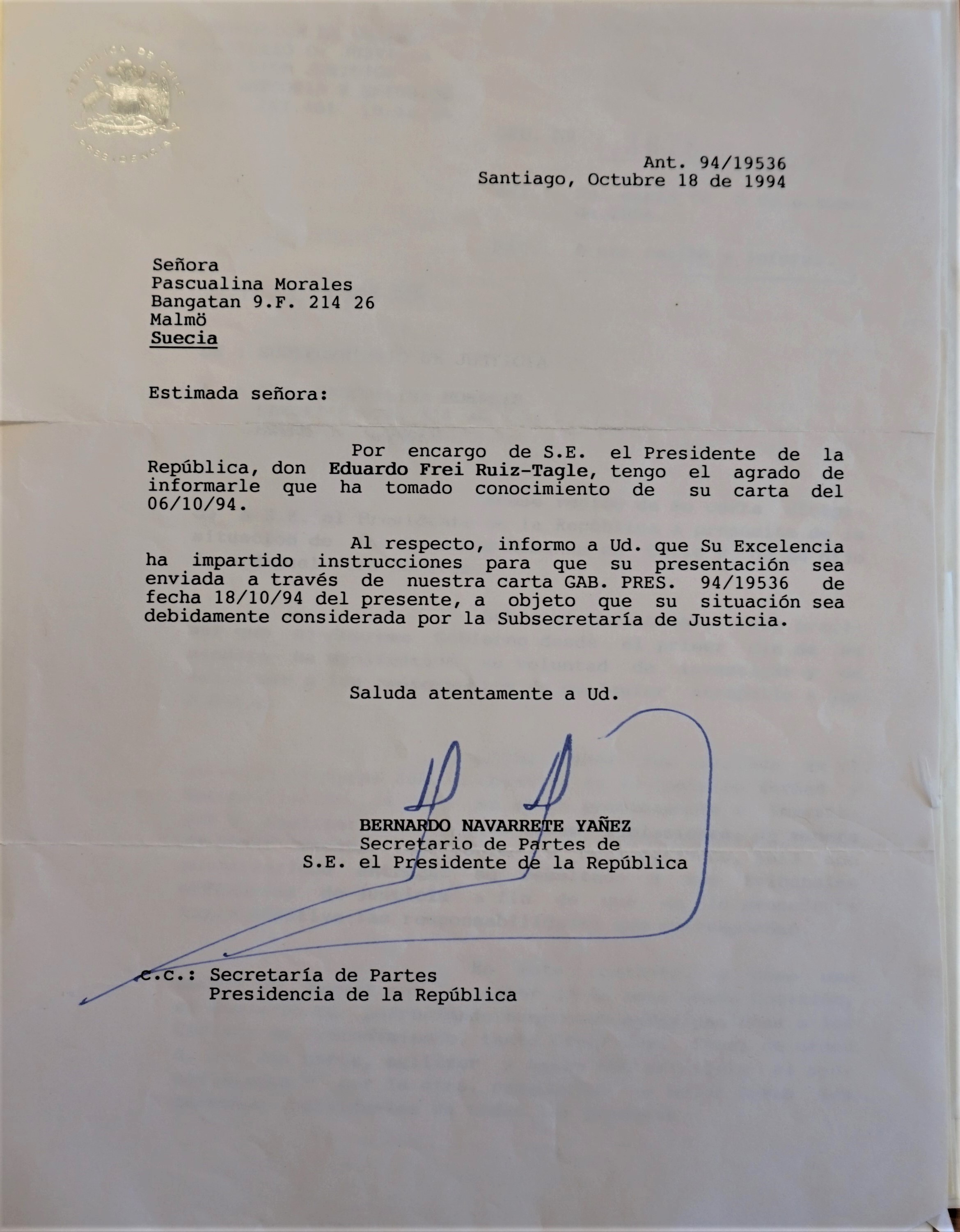 Carta del Secretario de Partes del Presidente Eduardo Frei a Pascualina Morales Carta del Secretario de Partes del Presidente Eduardo Frei a Pascualina Morales