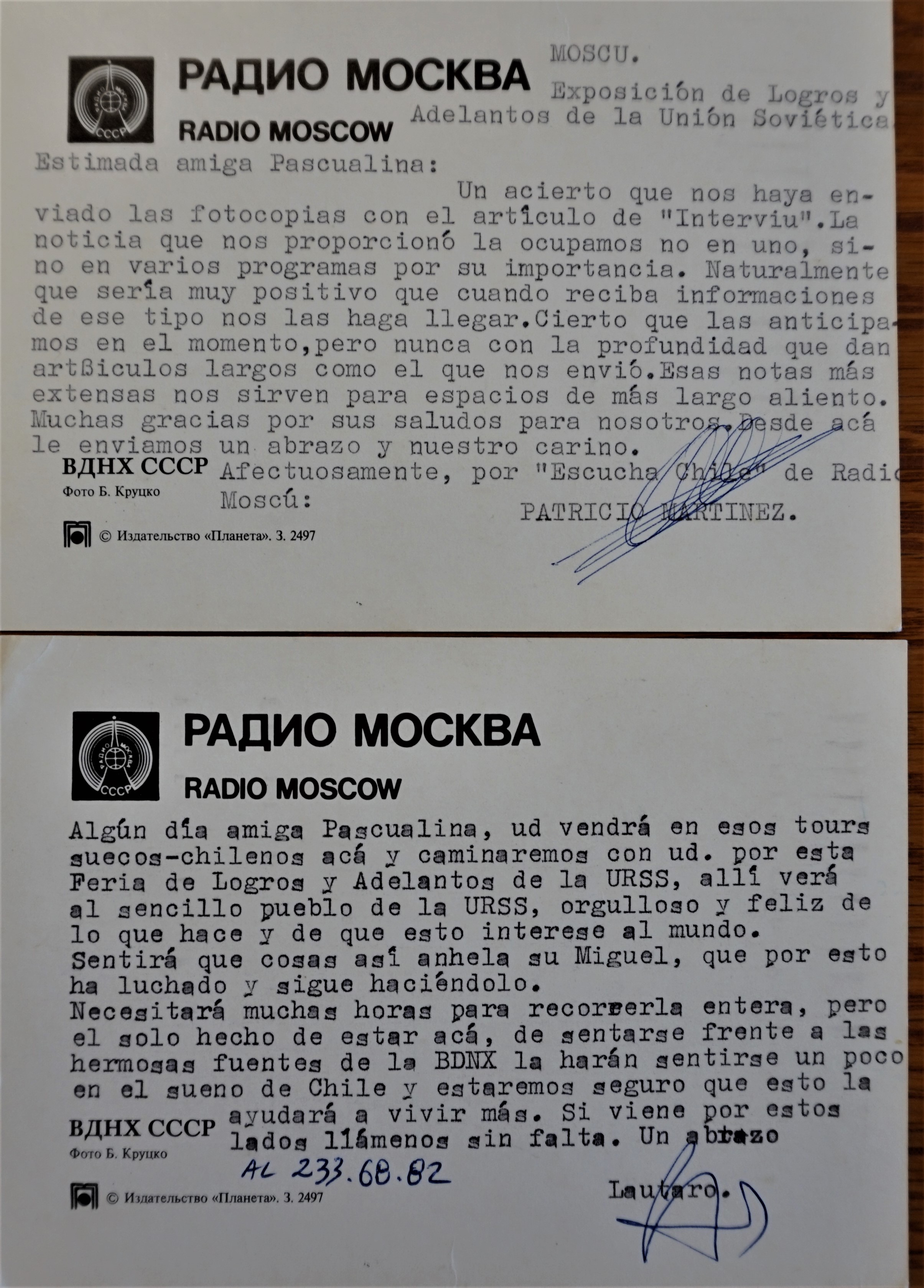 Cartas de Radio Moscú a Pascualina Morales Cartas de Radio Moscú a Pascualina Morales